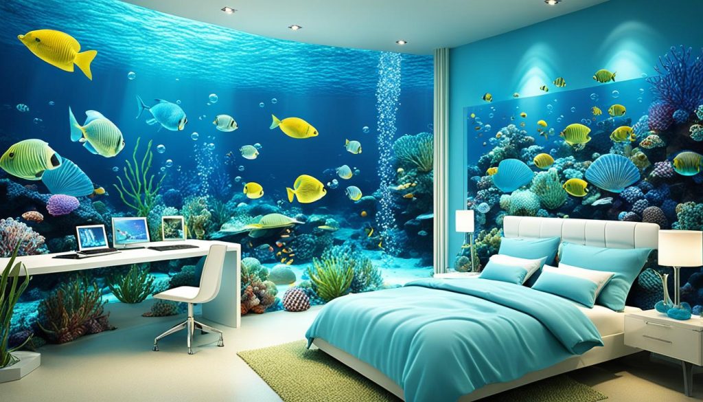 Bubble tube lighting in an ocean-themed bedroom