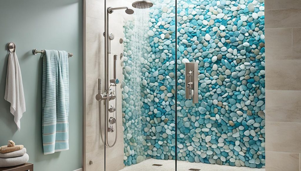 Coastal inspired showers with brushed nickel fixtures