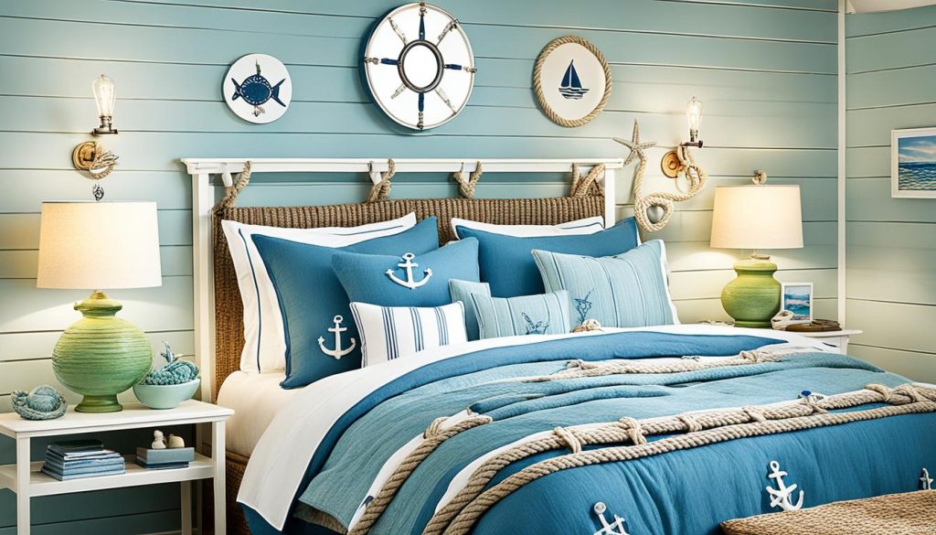 Coastal lighting fixtures in marine-inspired bedroom