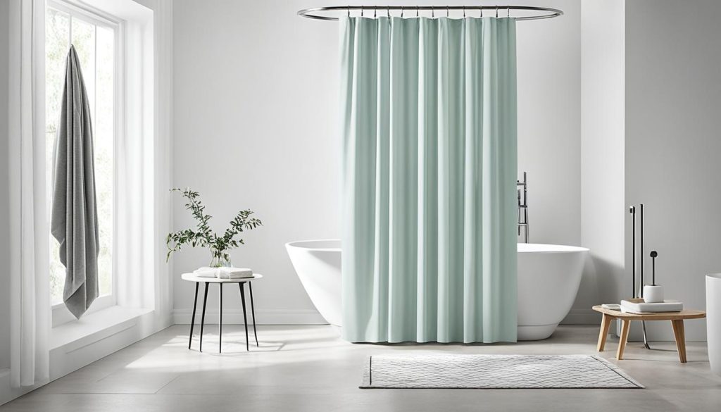 Colorful shower curtains in a minimalist bathroom