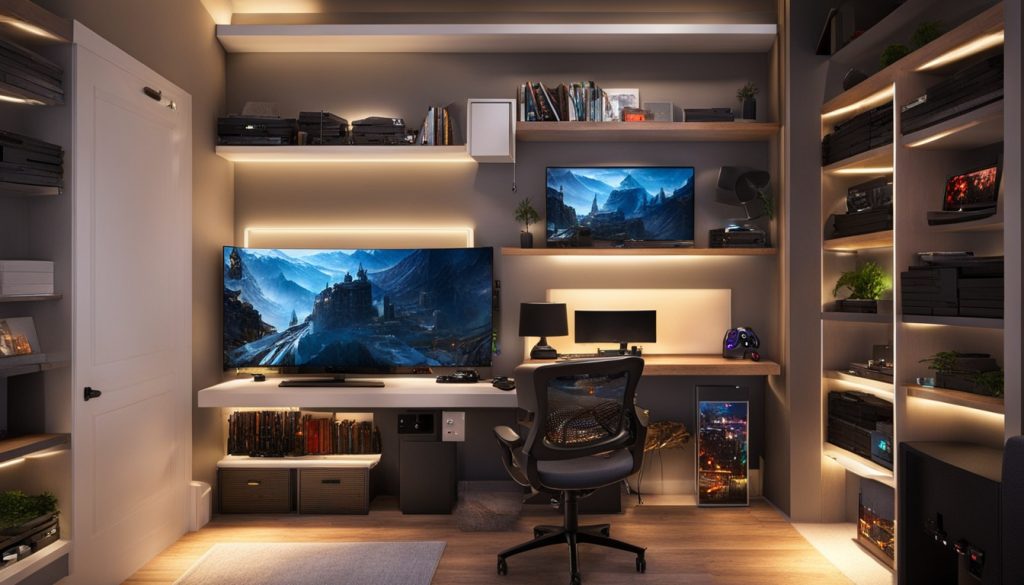 Compact console setup in a cozy gaming nook