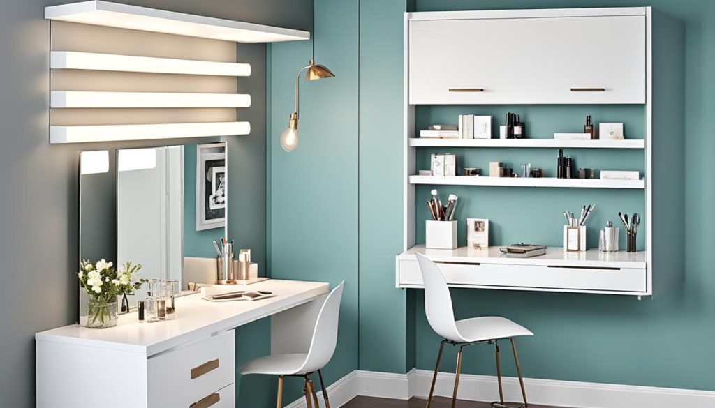 Compact dressing area with fold-down vanity table