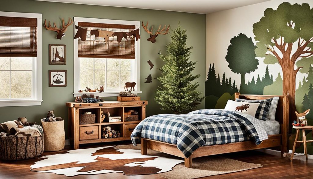 Country-themed bedroom with woodland elements