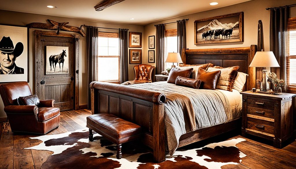 Cowhide rugs in a western-themed bedroom