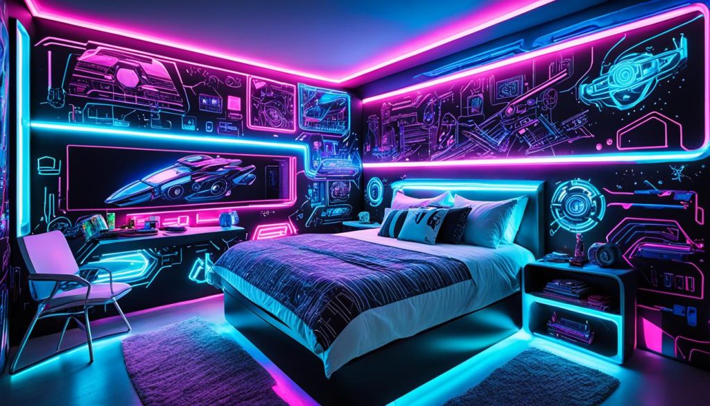 Cyberpunk bedroom with neon color scheme