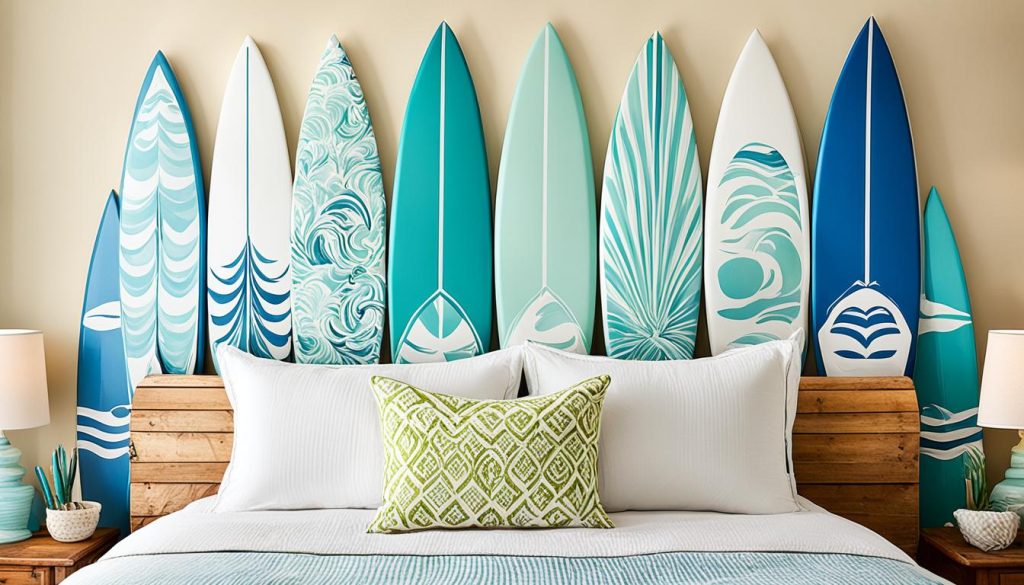 DIY surfboard headboard for beach bedroom