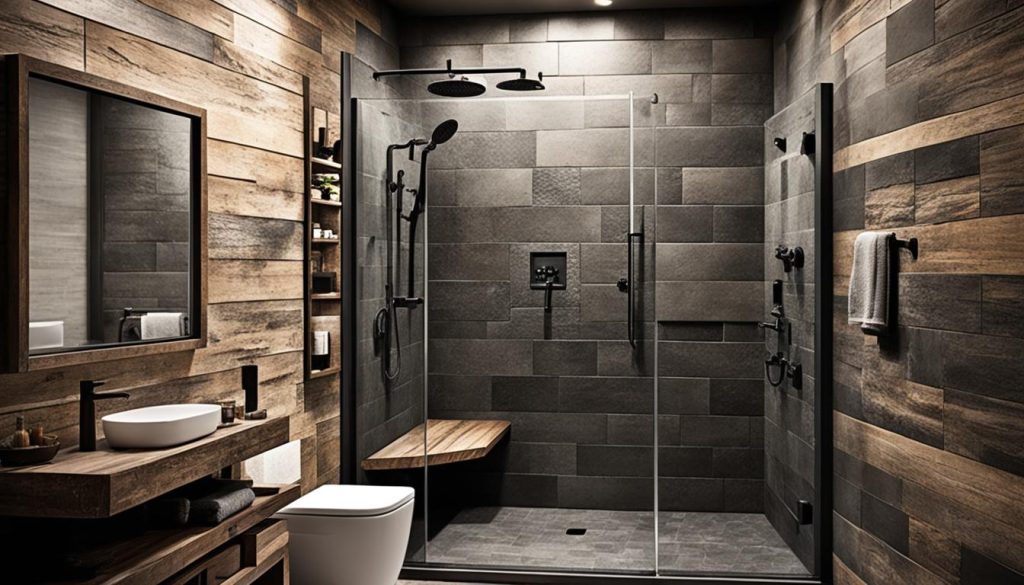 Dark shower tiles in masculine bathroom design