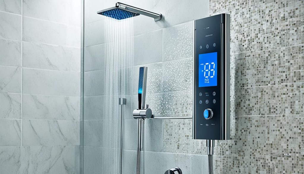 Digital shower controls in modern bathroom