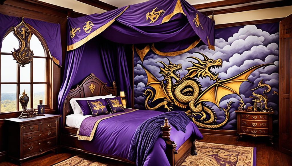 Dragon-themed bedroom with wall mural