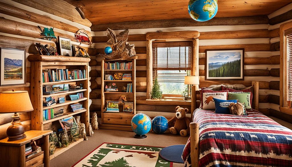 Educational elements in log cabin bedroom decor for boys