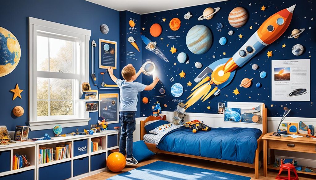 Educational elements in space-themed kids' rooms