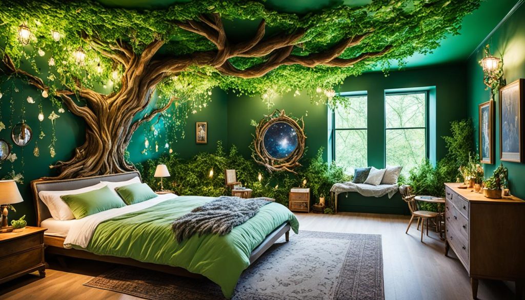 Enchanted forest bedroom with mythological designs