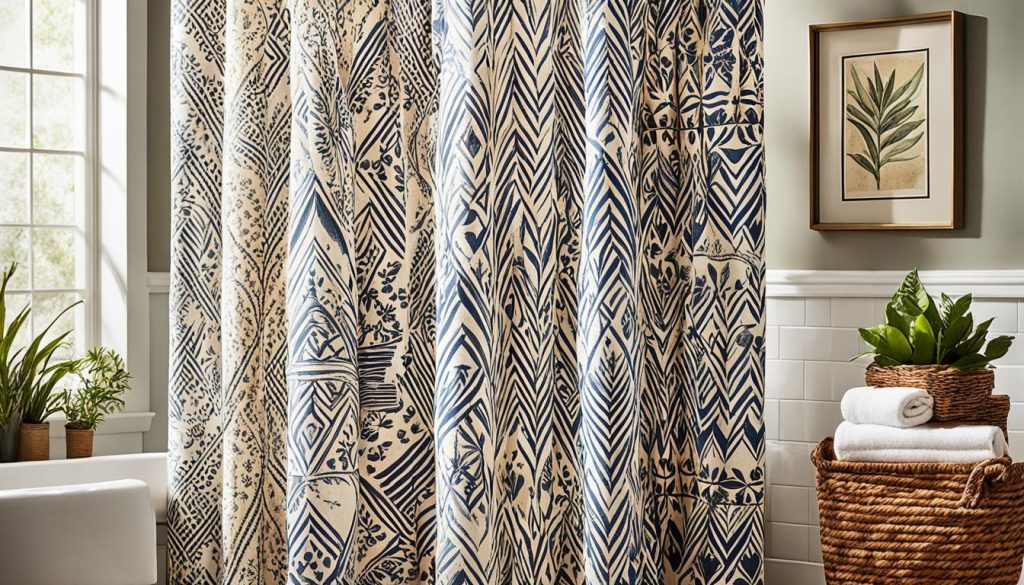 Ethnic print curtains in boho chic bathroom