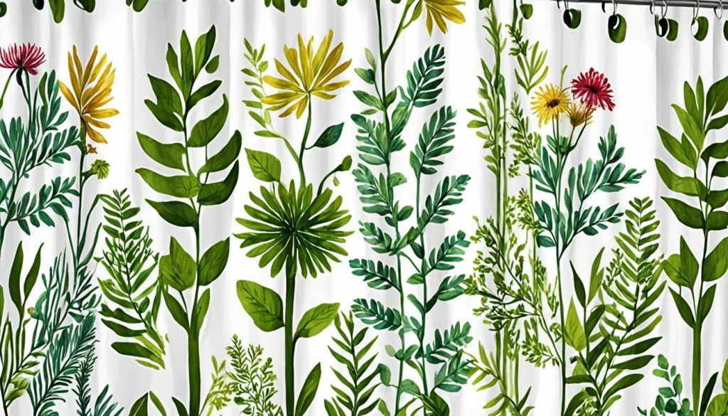 Fabric shower curtains with botanical prints