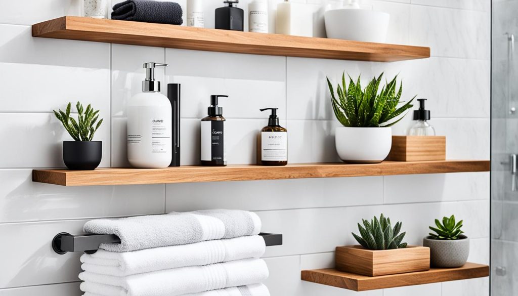 Floating shelves as minimalist shower organizers