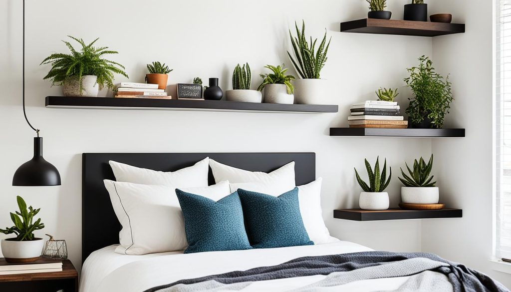 Floating shelves in a small bedroom