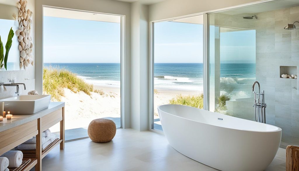 Freestanding bathtub in beach house bathroom