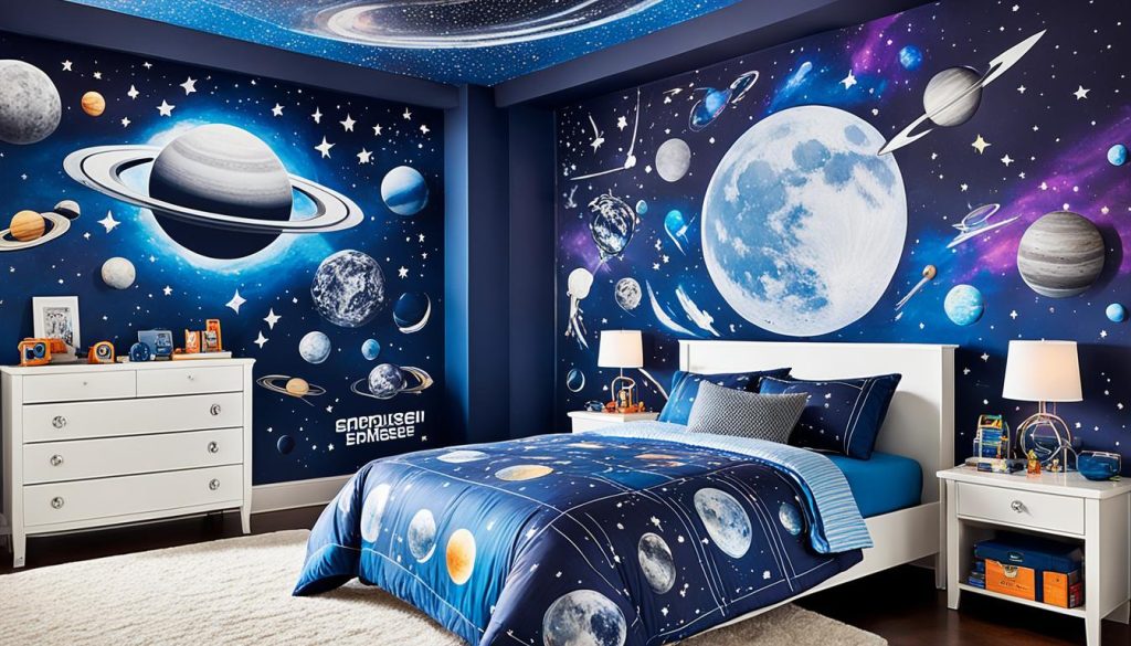 Futuristic bedroom with outer space wall murals