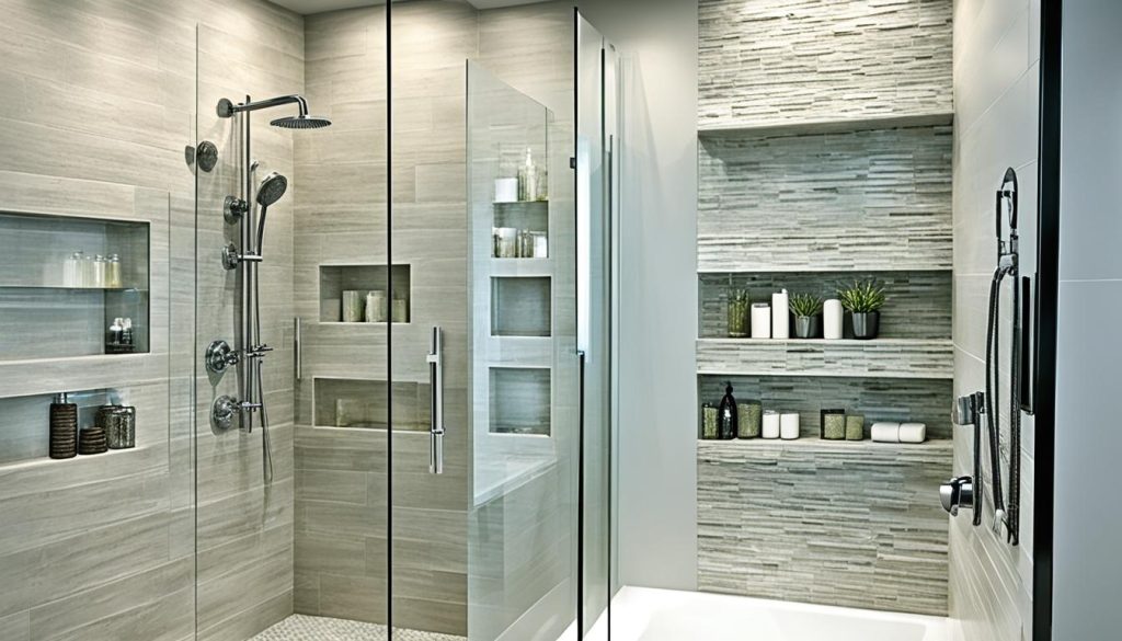 Glass shelving for decorative shower nooks