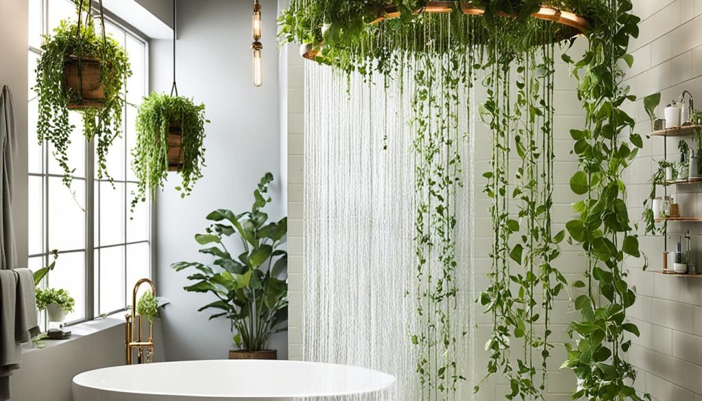 Hanging plants in a bohemian shower