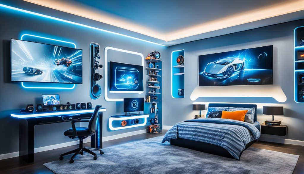 High-tech gadget displays in a futuristic bedroom