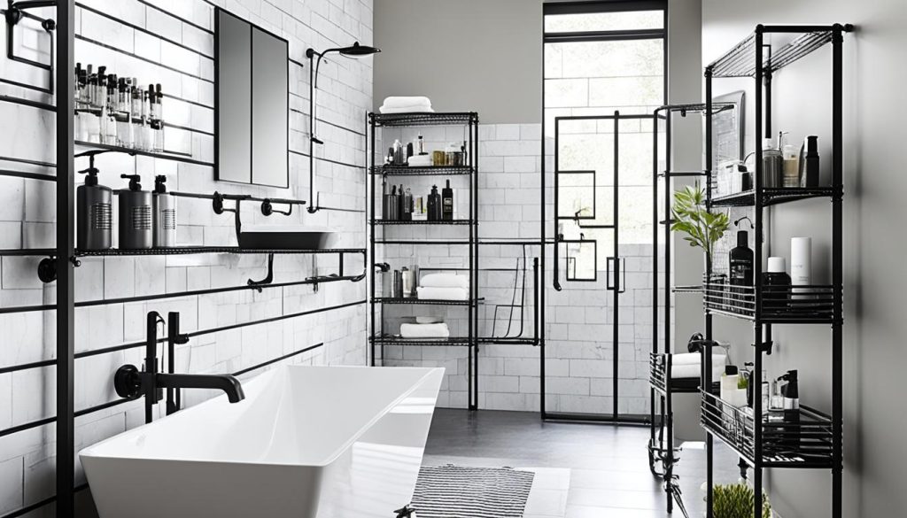 Industrial bathroom decor with metal storage