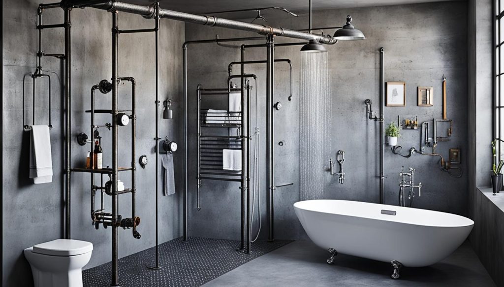 Industrial bathroom design with exposed pipes