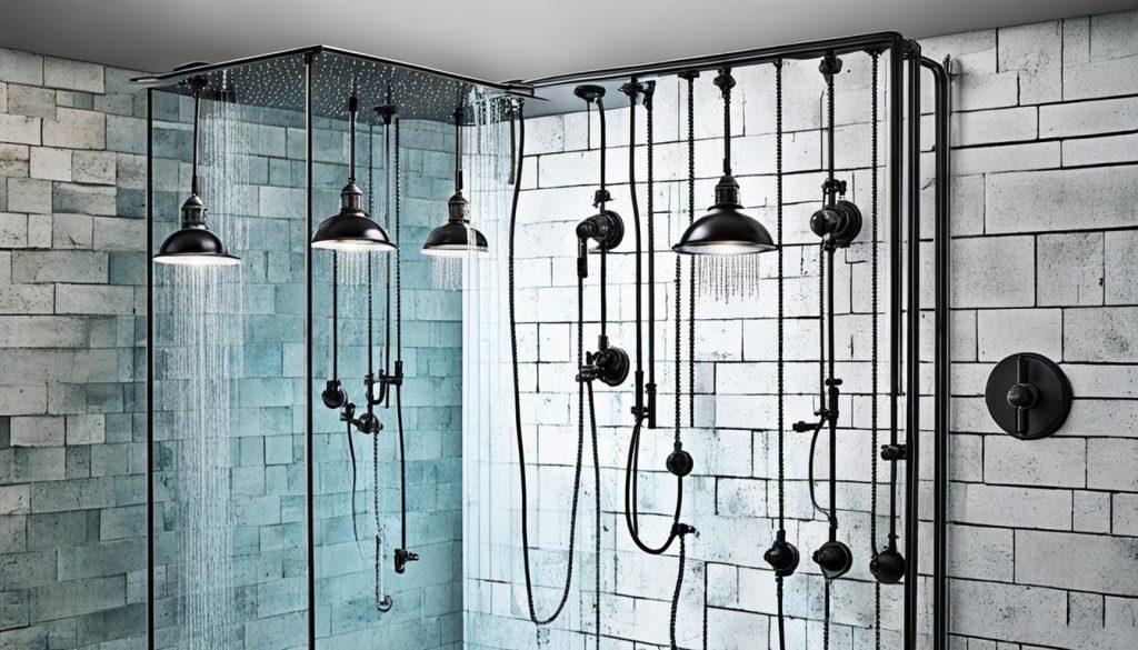 Industrial pendant lights in a shower