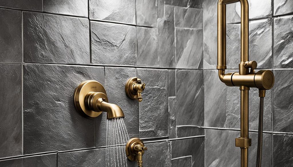 Industrial shower tiles with metal accents