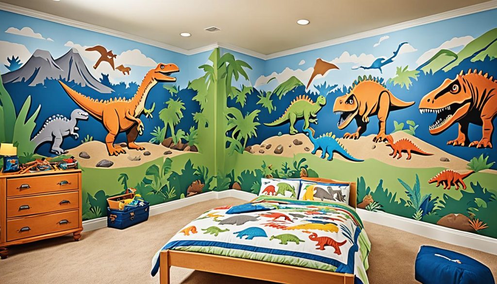 Interactive fossil dig area in dinosaur themed bedroom