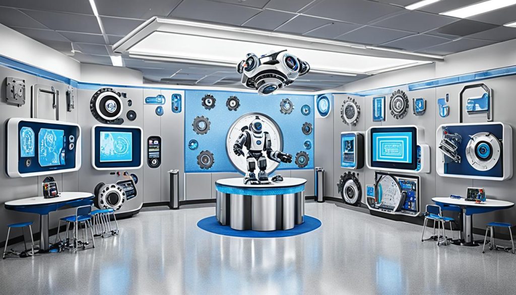 Interactive learning stations in a robot-themed room