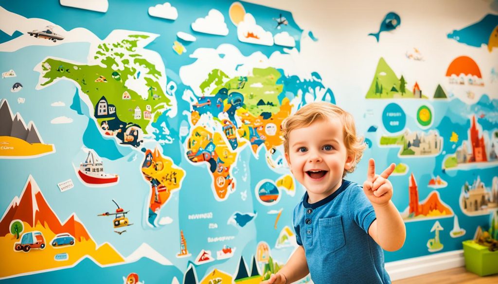 Interactive wall map in a world explorer nursery