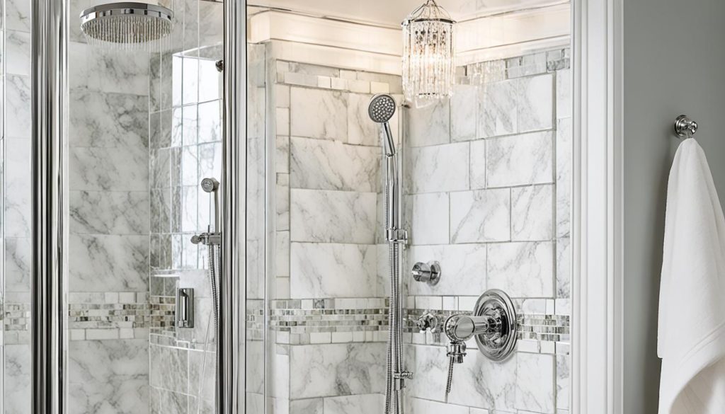 Marble shower tiles in a luxurious bathroom