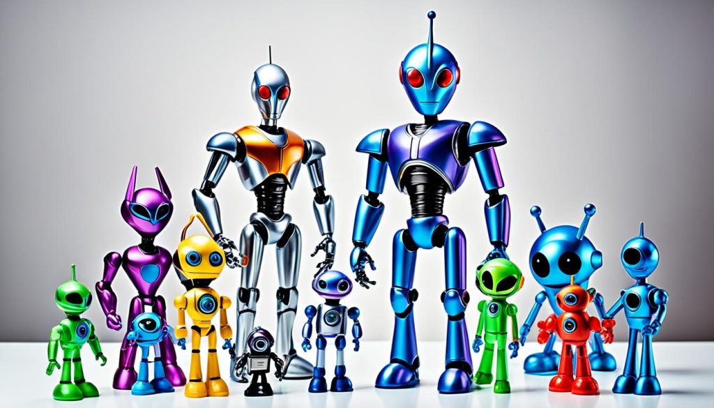 Modern robot toys and alien figurines