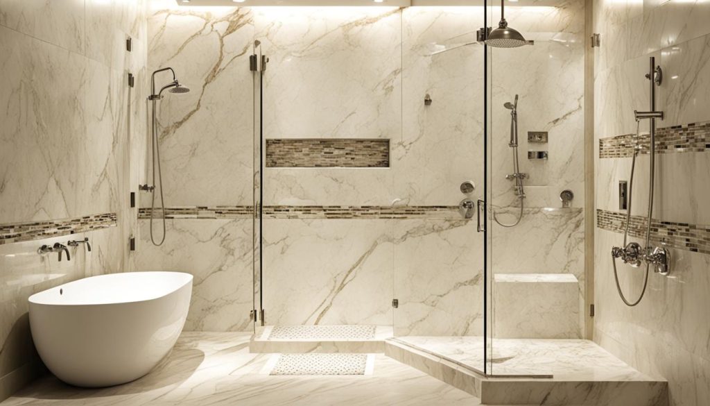 Opulent shower design with marble walls