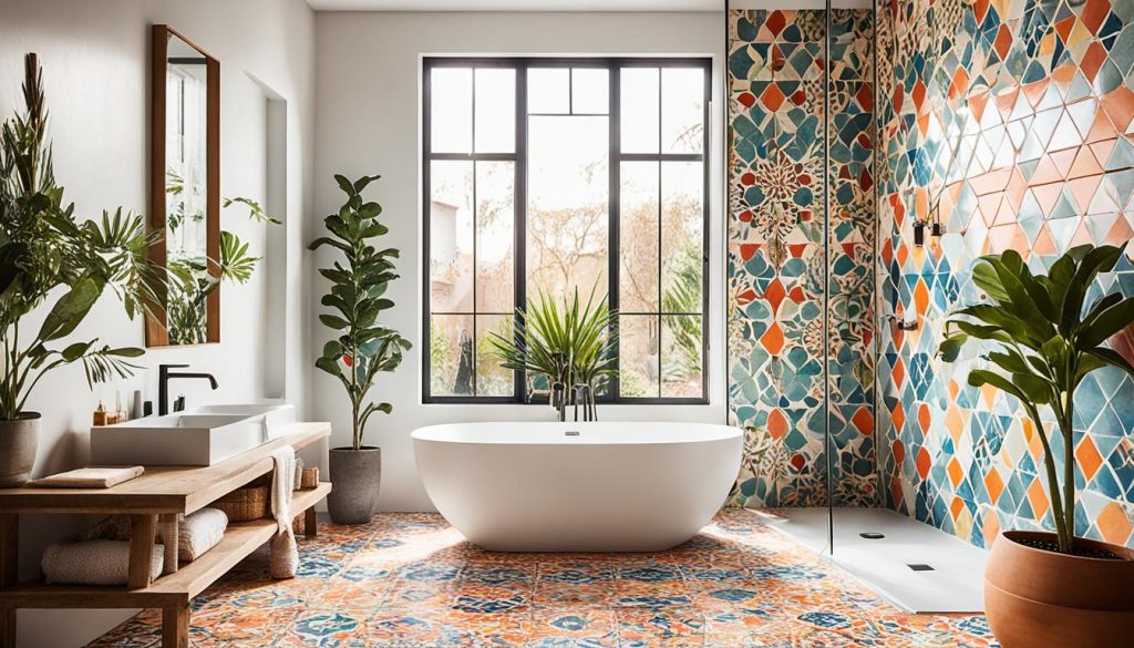 Patterned cement tiles in a bohemian bathroom