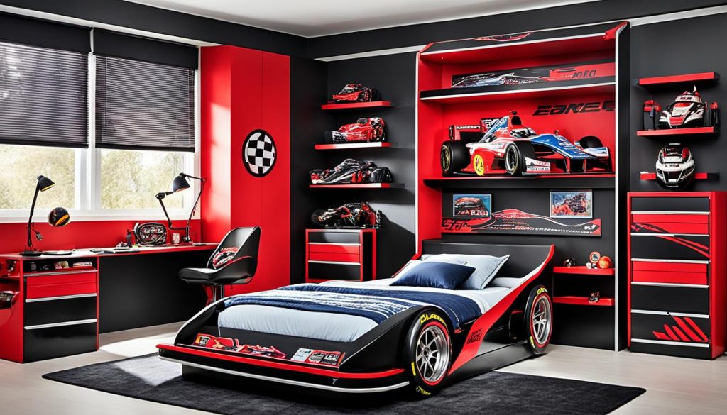 Race car bed with storage solutions