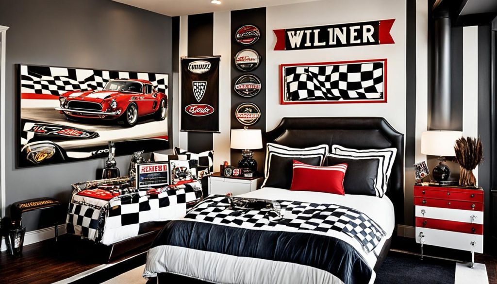 Race-inspired man cave bedroom with retro car accessories