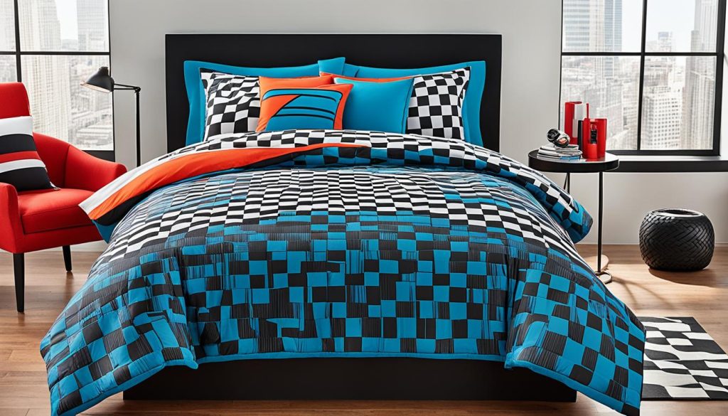 Racing-inspired bedding for efficient bedroom layout