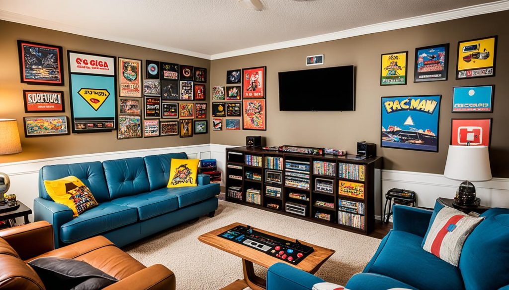 Retro gaming consoles in a vintage game room