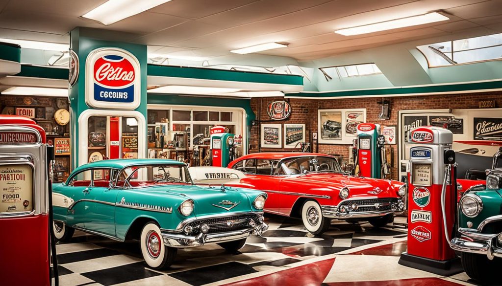 Retro gas station decor in car collector bedroom