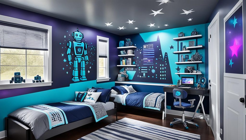 Robot-themed room with futuristic color palette