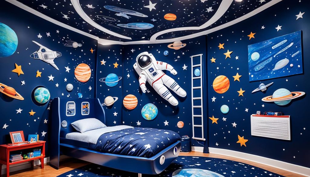 Rocket ship bed in a space-themed bedroom