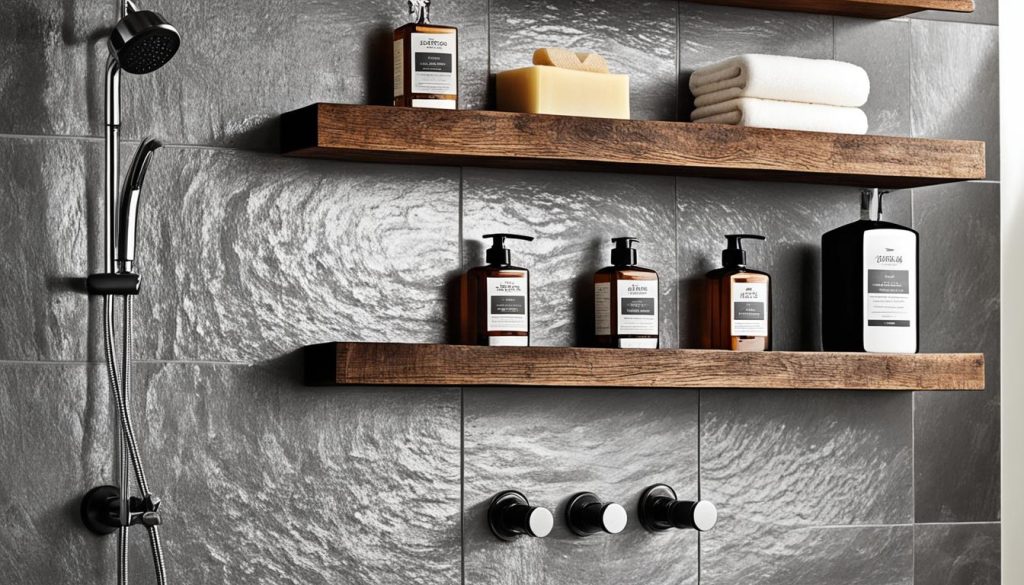 Rustic shower shelves with warmth and texture