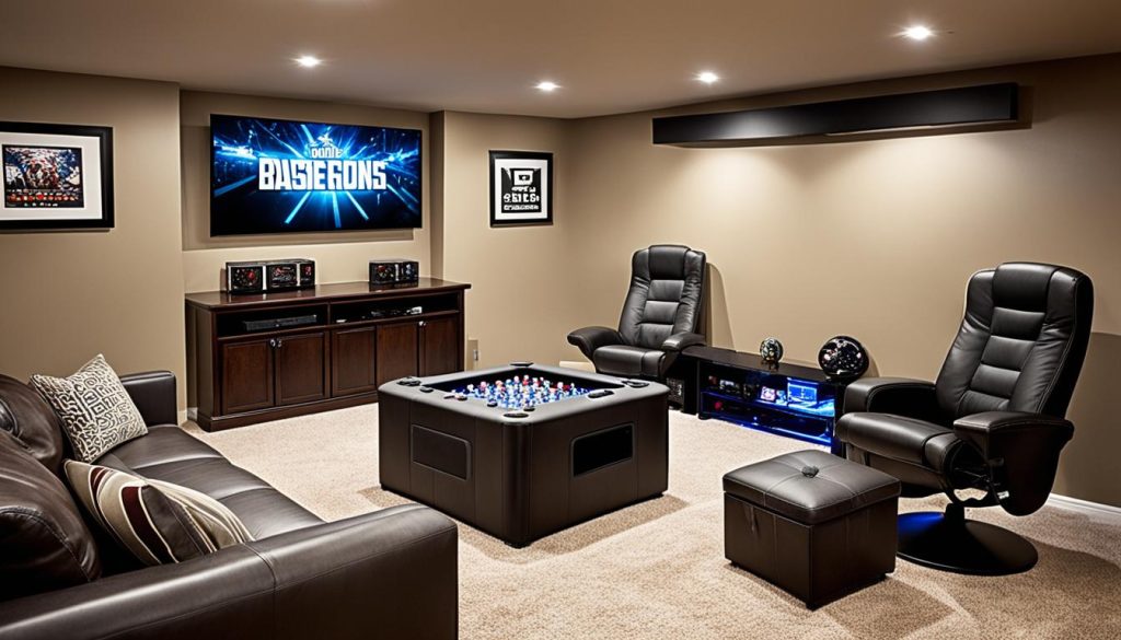 Small basement gaming room with multi-functional furniture