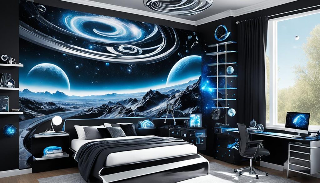 Space-themed bedroom with nebula murals