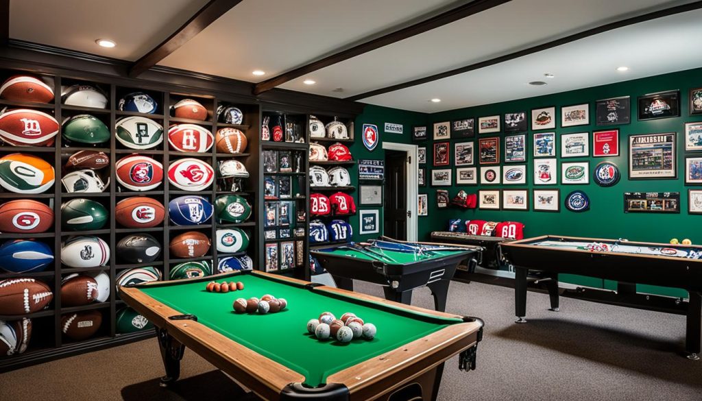 Sports-themed game room with memorabilia