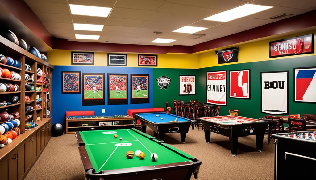 Sports-themed man cave game room