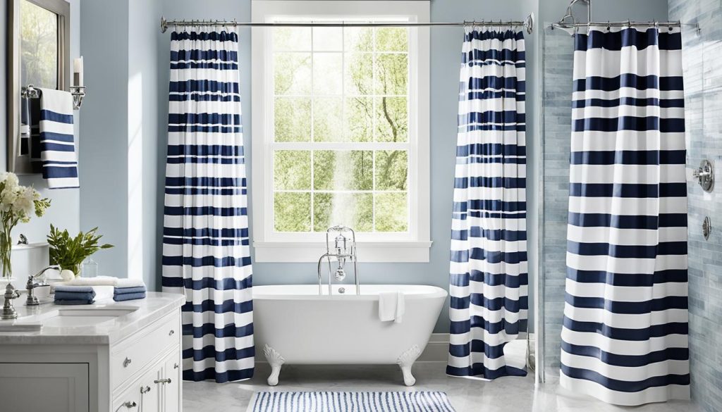 Striped shower curtains creating illusion of space