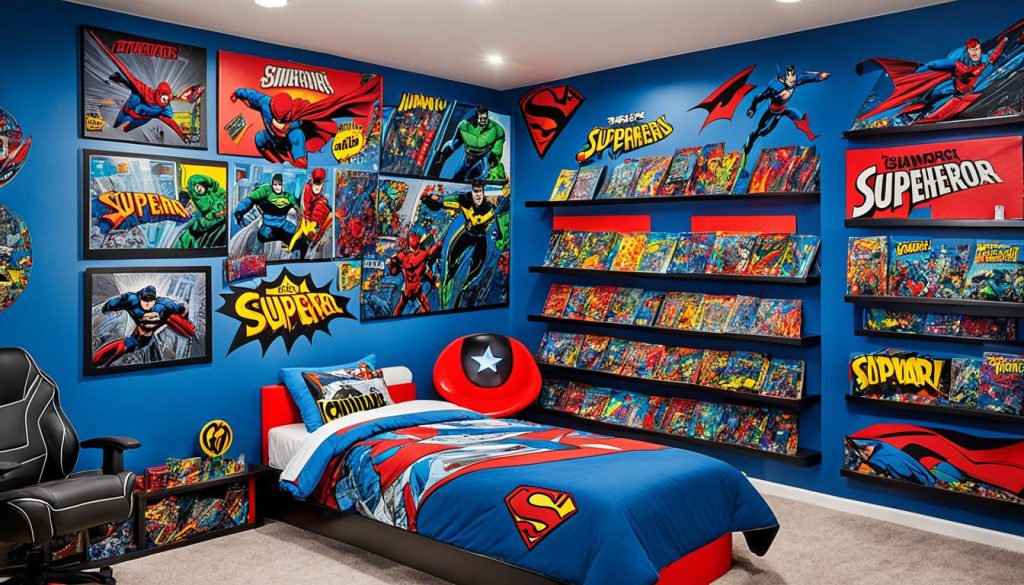 Superhero bedroom with bold colors and dynamic lighting